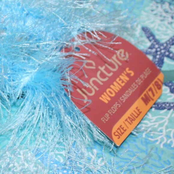 HAND CRAFTED Flip Flop Padded Thong Crochet Faux Fur Eyelash Turquoise Shoes - Picture 5 of 11